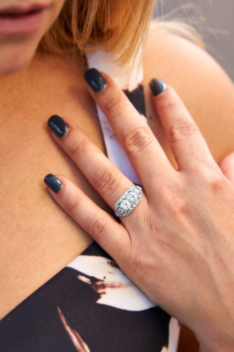Art Deco 1.60 Carat Diamond Platinum Ornate Engagement Ring In Excellent Condition In Miami, FL