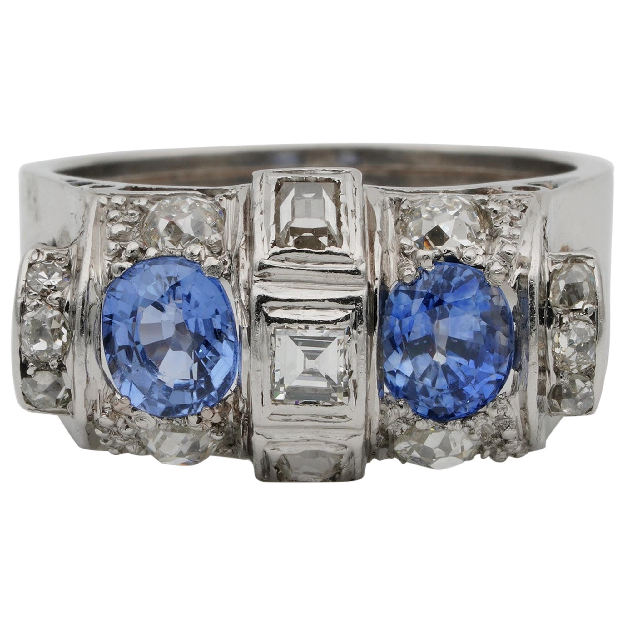Art Deco 1.60 Carat Natural Sapphire and 1.40 Carat Old Cut Diamond Rare Ring For Sale