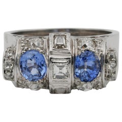Art Deco 1.60 Carat Natural Sapphire and 1.40 Carat Old Cut Diamond Rare Ring