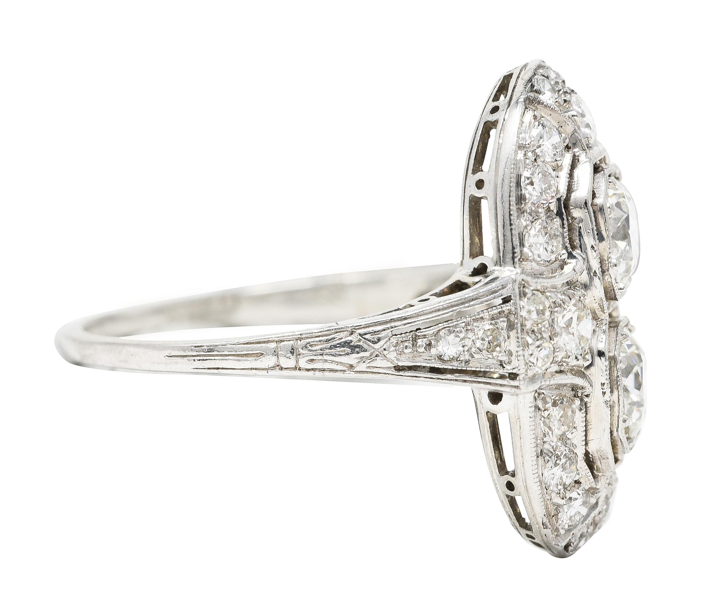 Art Deco 1.60 Carat Old European Cut Diamond Platinum Two Stone Dinner Ring In Excellent Condition For Sale In Philadelphia, PA