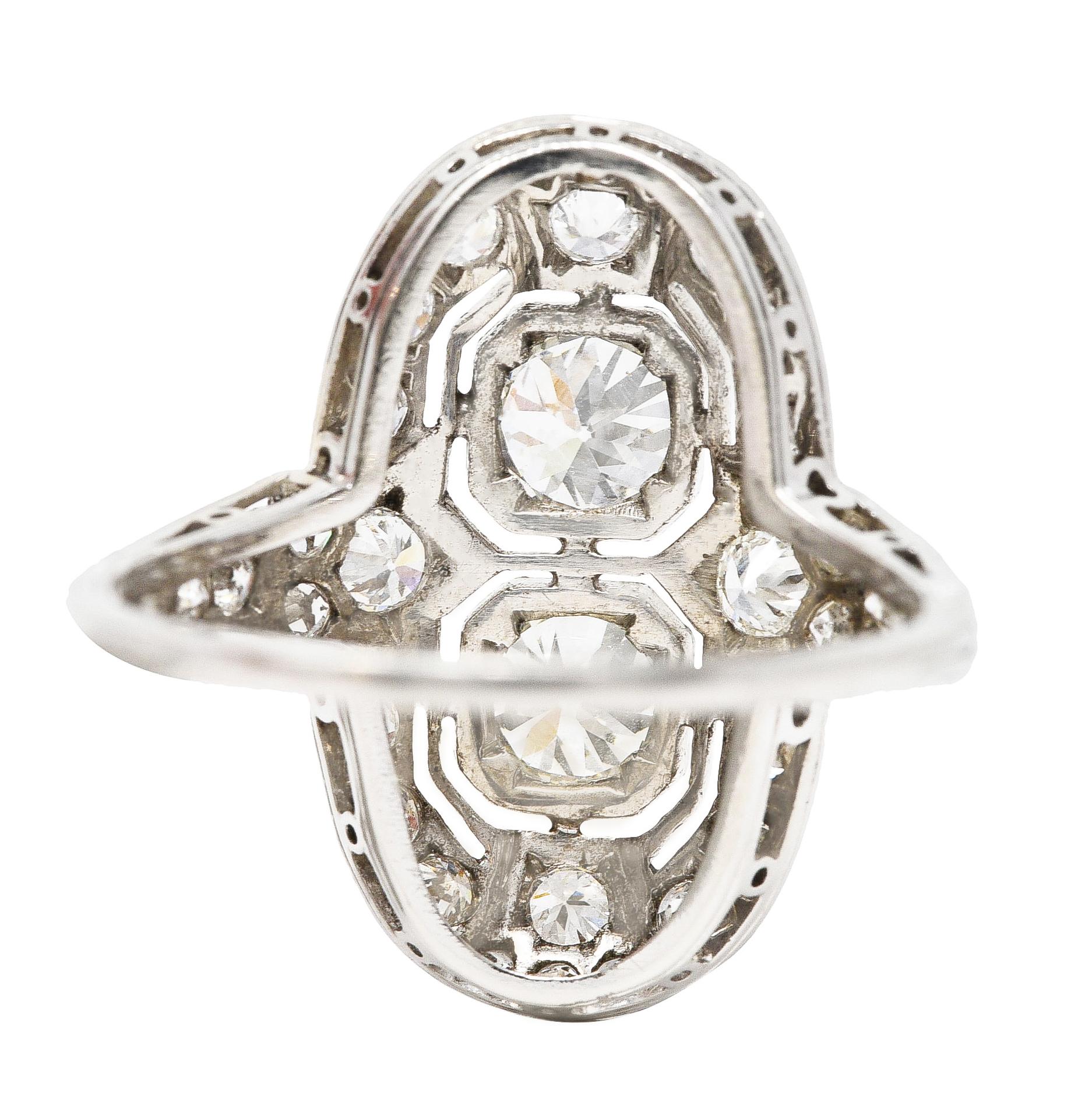 Women's or Men's Art Deco 1.60 Carat Old European Cut Diamond Platinum Two Stone Dinner Ring For Sale