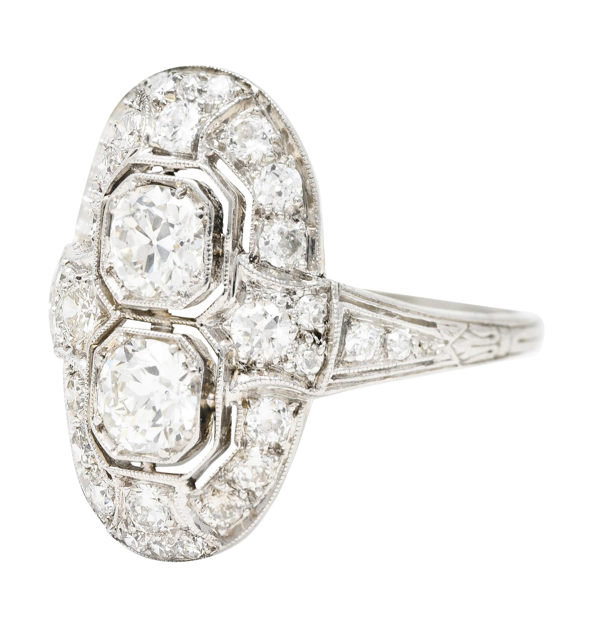 Art Deco 1.60 Carat Old European Cut Diamond Platinum Two Stone Dinner Ring For Sale 2