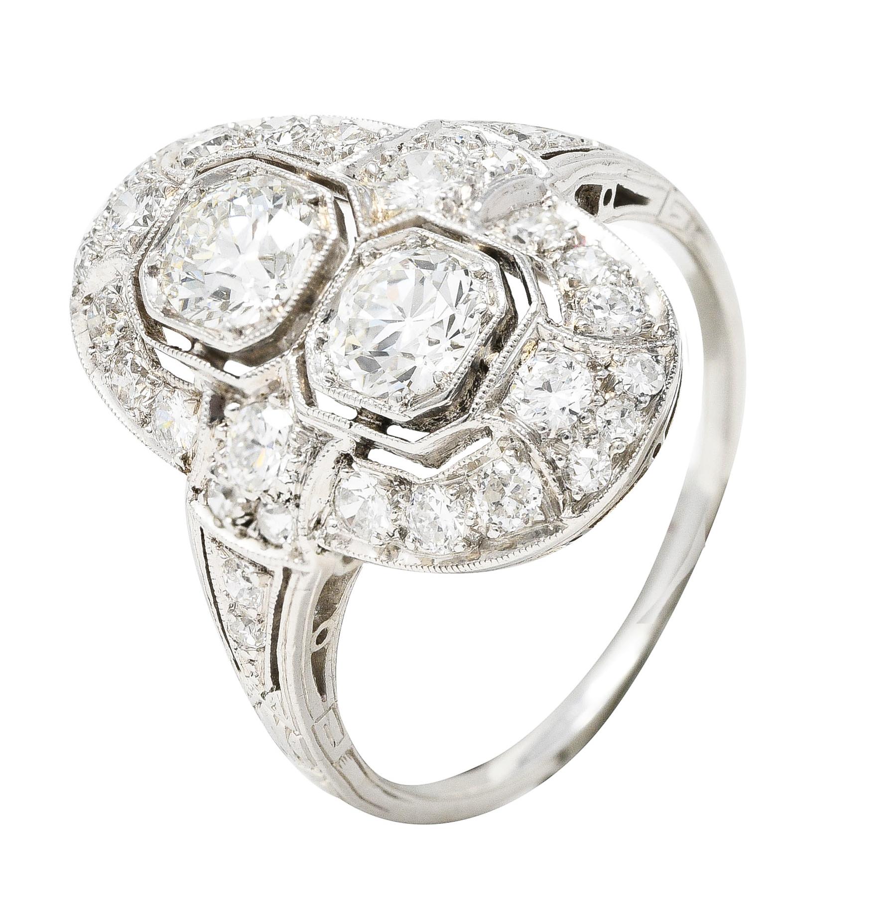 Art Deco 1.60 Carat Old European Cut Diamond Platinum Two Stone Dinner Ring For Sale 5