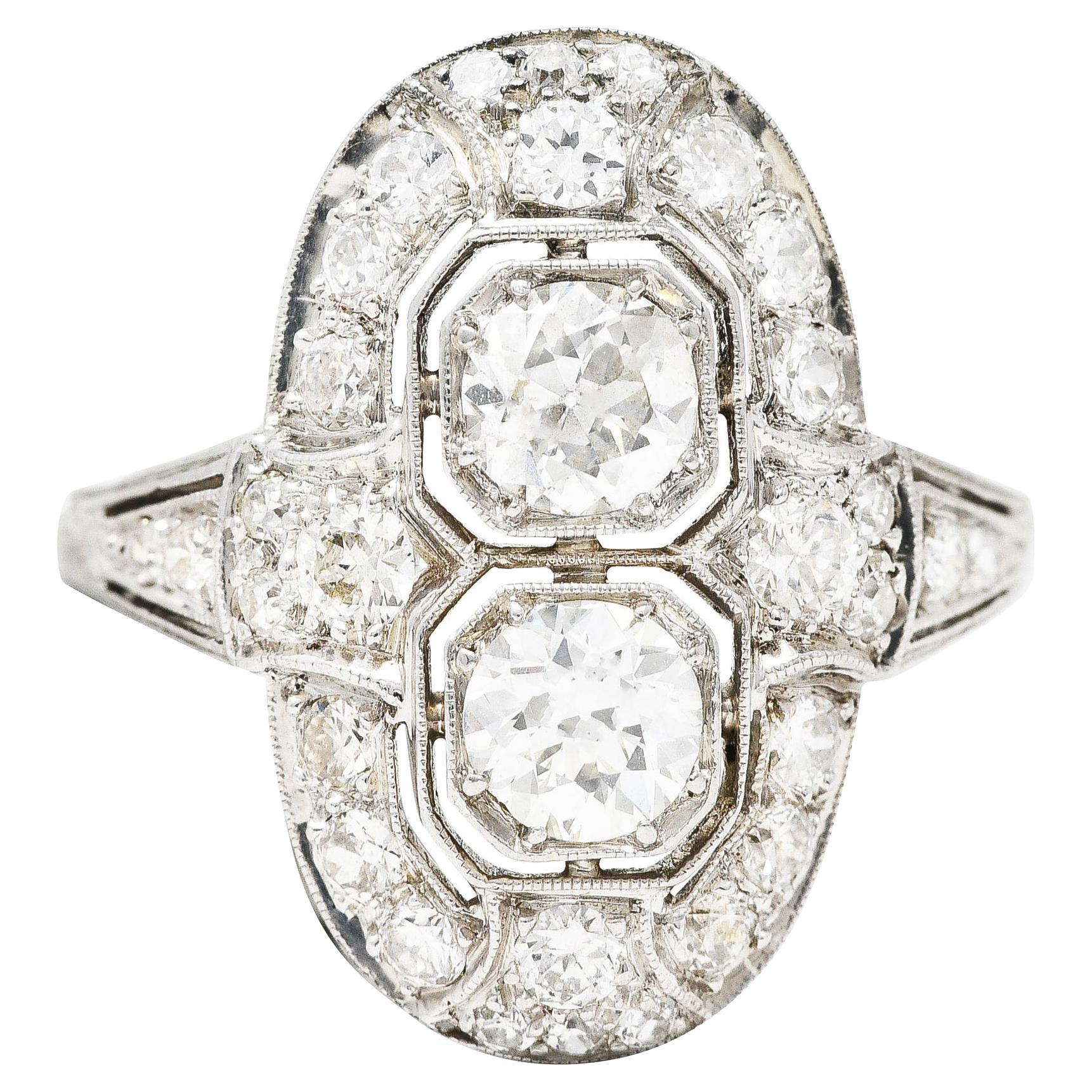 Art Deco 1.60 Carat Old European Cut Diamond Platinum Two Stone Dinner Ring