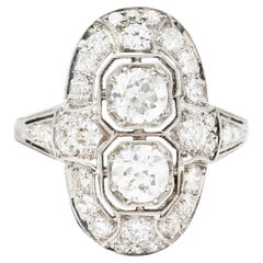 Bague de soirée Art déco à deux pierres en platine avec diamant taille vieille Europe de 1,60 carat
