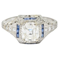 Vintage Art Deco 1.60 Carats Asscher Diamond Sapphire Platinum Engagement Ring