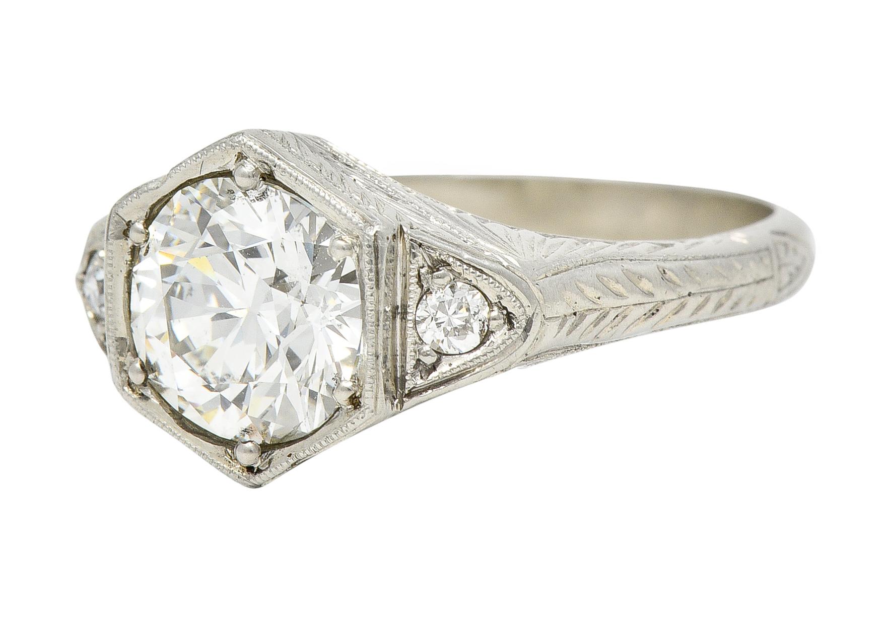 Art Deco 1.60 Carats Diamond 14 Karat White Gold Wheat Hexagonal Engagement Ring For Sale 1