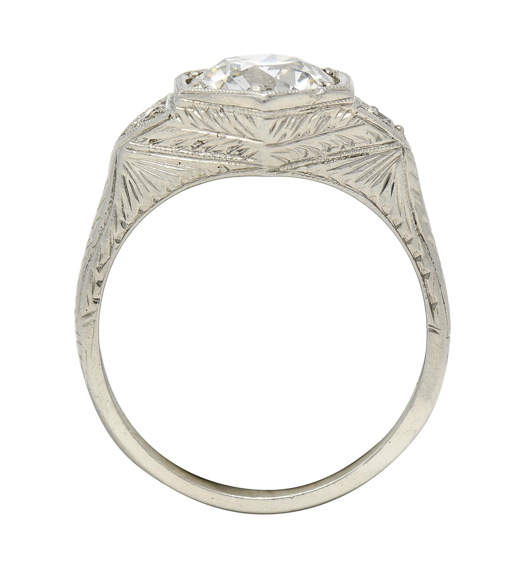 Art Deco 1.60 Carats Diamond 14 Karat White Gold Wheat Hexagonal Engagement Ring For Sale 3