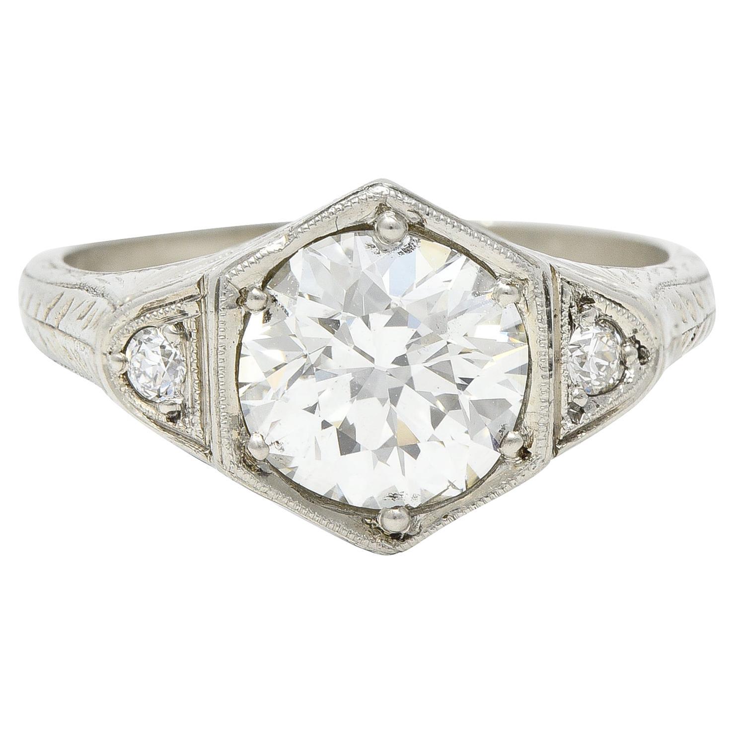 Art Deco 1.60 Carats Diamond 14 Karat White Gold Wheat Hexagonal Engagement Ring For Sale