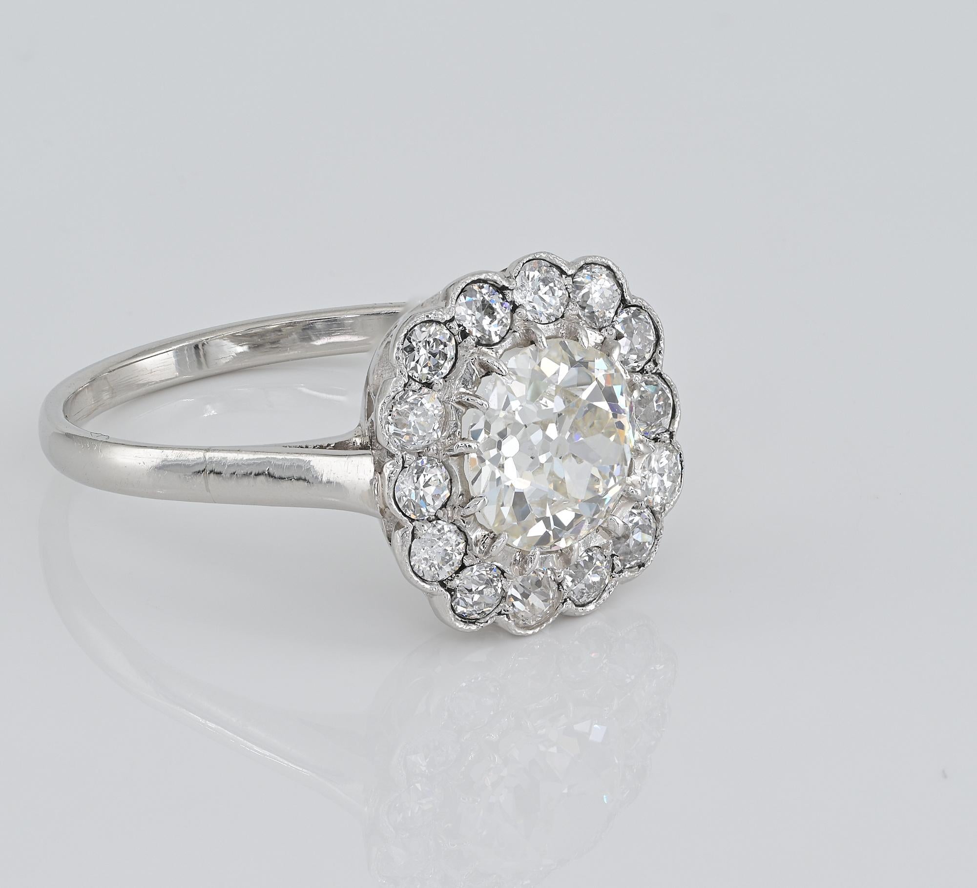 Old European Cut Art Deco 1.60 Ct Diamond Platinum Halo Ring For Sale
