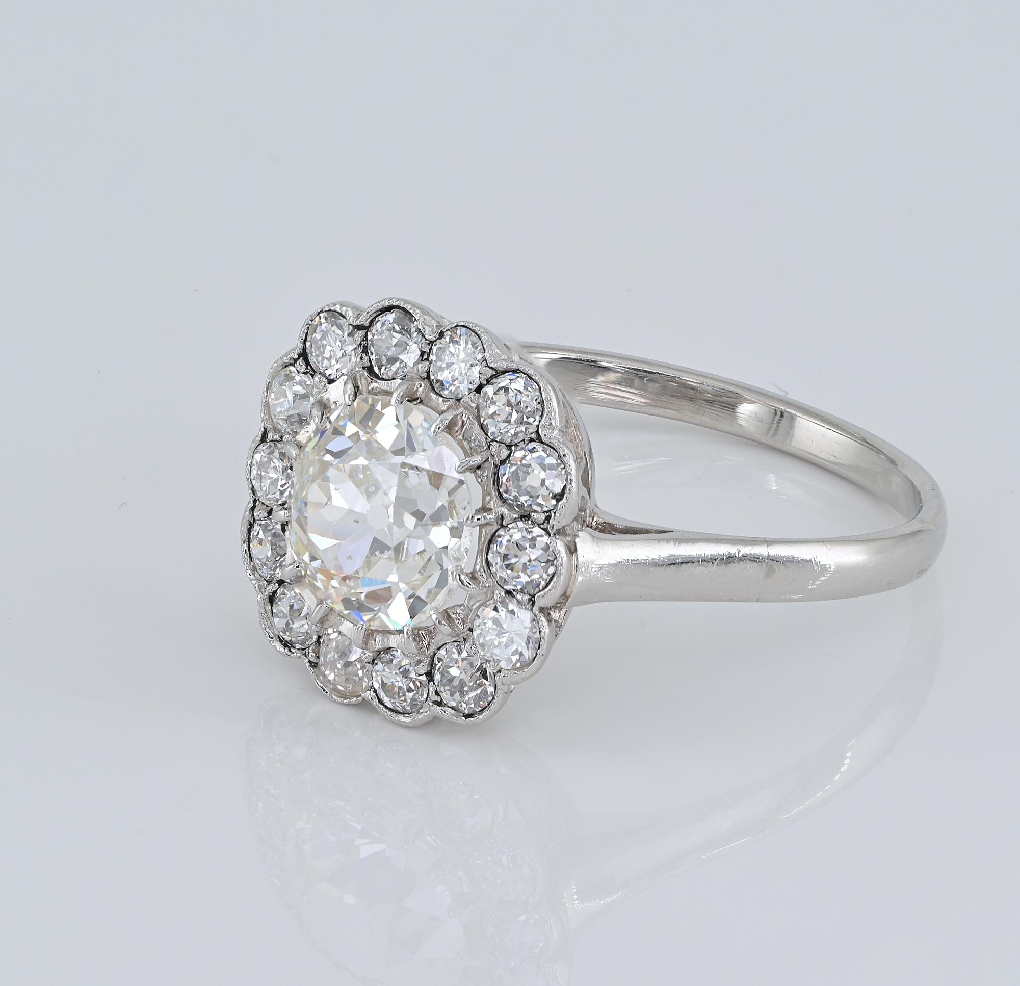 Women's Art Deco 1.60 Ct Diamond Platinum Halo Ring For Sale
