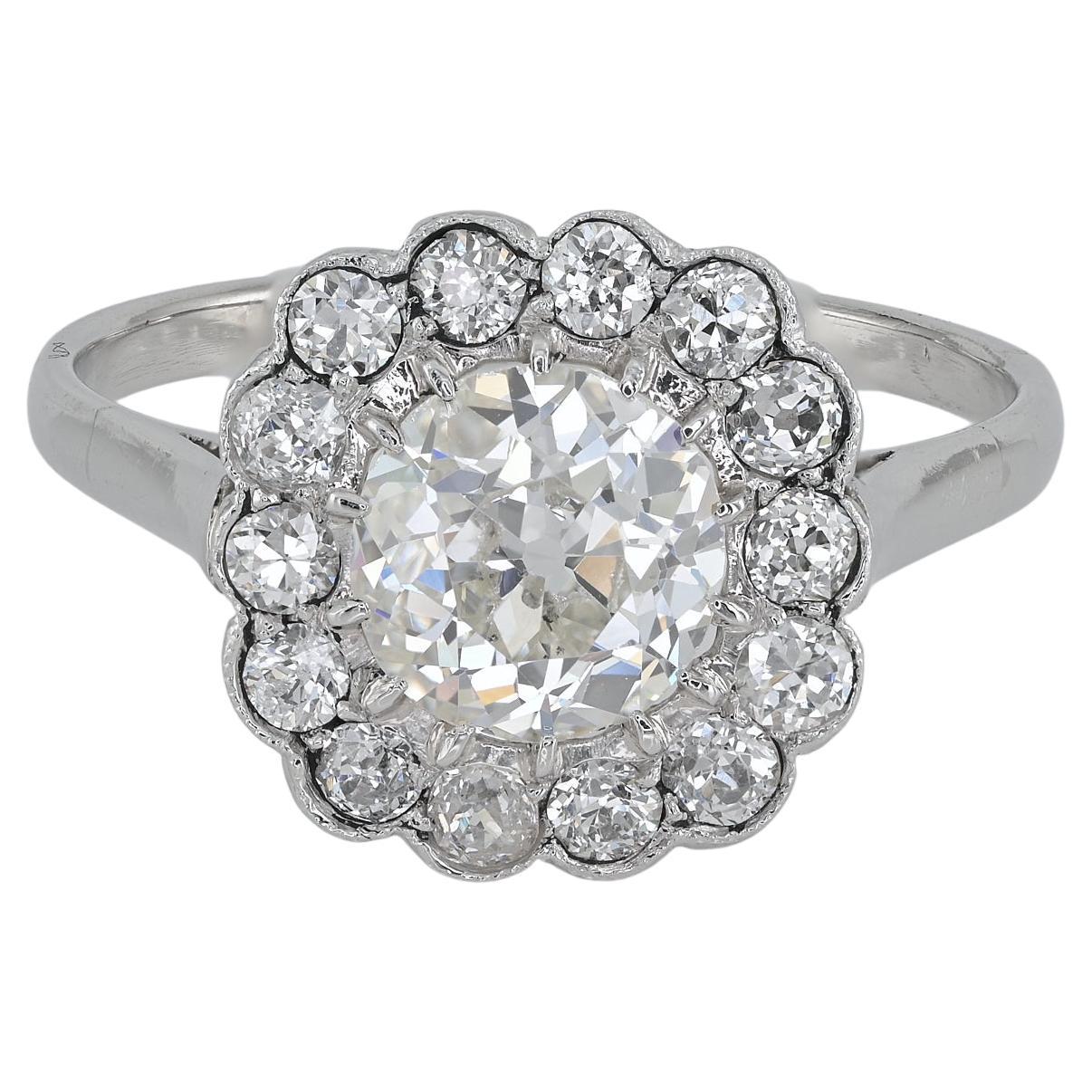 Art Deco 1.60 Ct Diamond Platinum Halo Ring For Sale