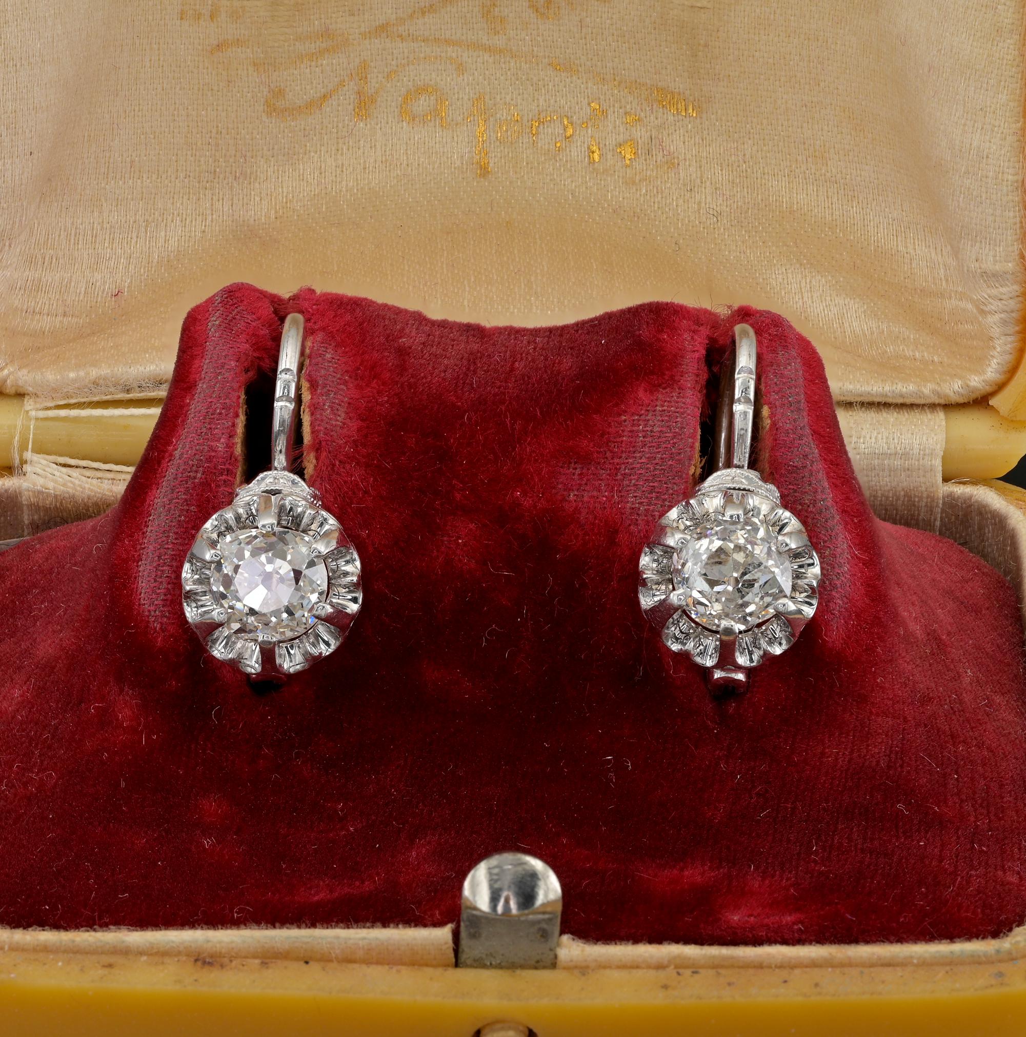 This superb Art Deco Diamond traditional Dormouse drop earrings are 1920 ca
Hand fabricated of solid 18 Kt gold backs and Platinum crown
Sweet crown designed detailing with openwork and scrolls
Diamonds are two old mine cut for 1.60 Ct total,