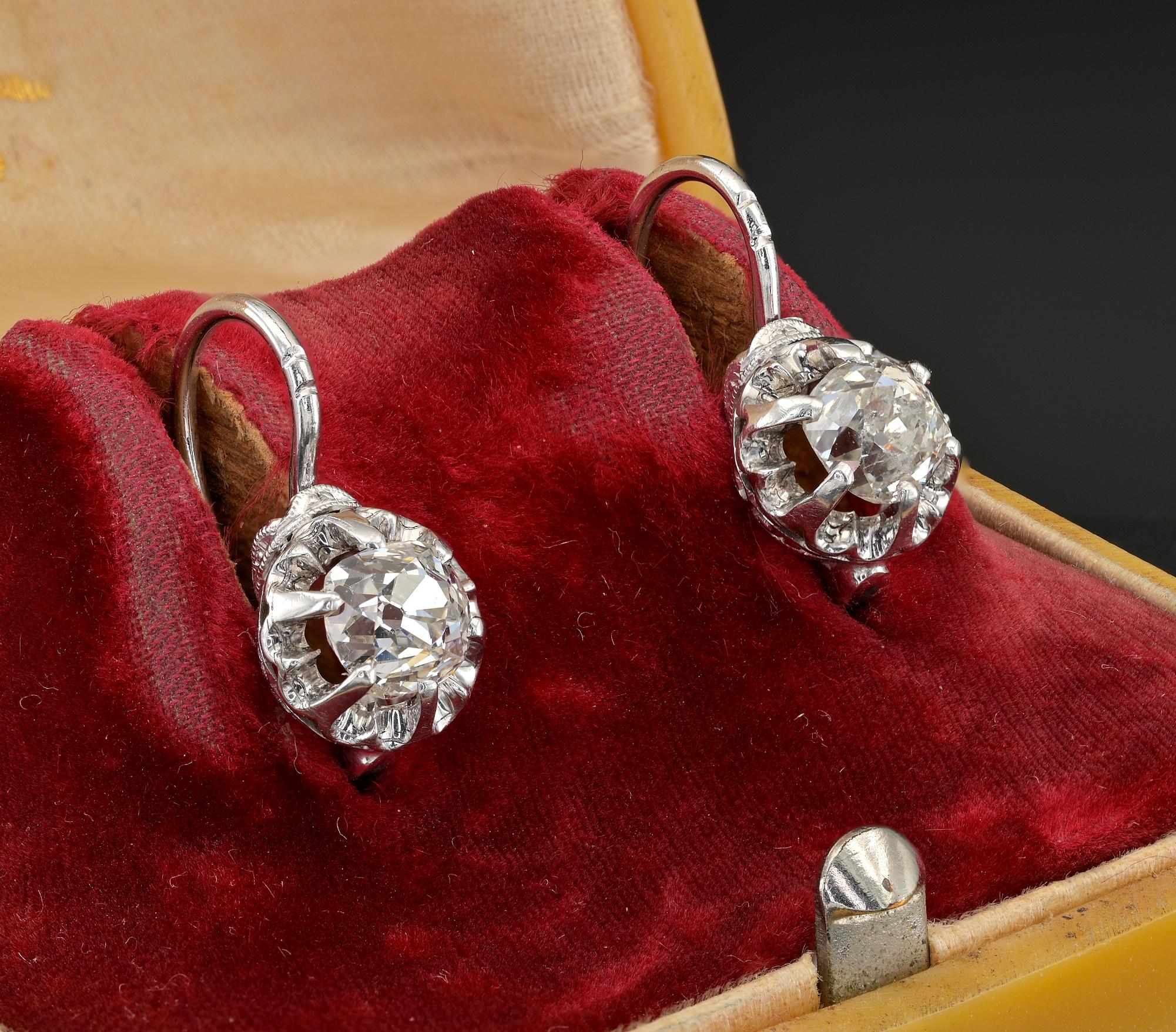 Taglio vecchia miniera Orecchini Art Deco 1.60 Ct Diamond Solitaire Dormeuse 18 KT Plat in vendita