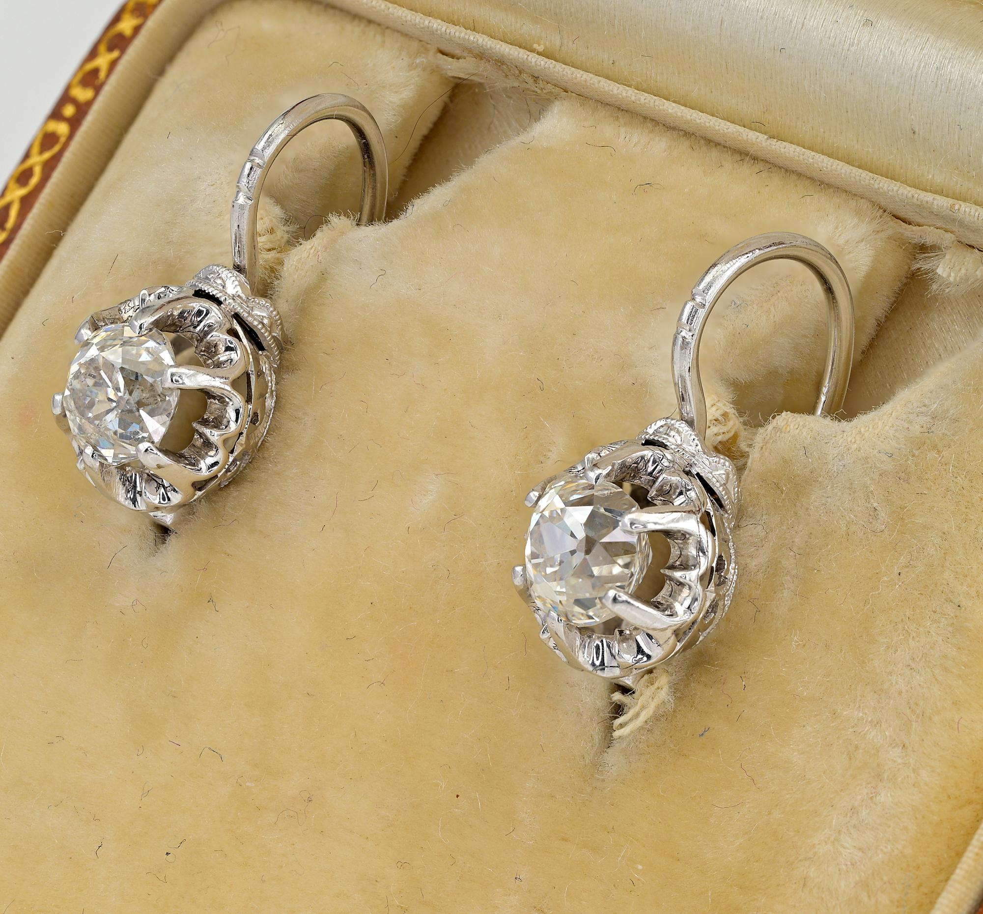 Women's or Men's Art Deco 1.60 Ct Diamond Solitaire Dormeuse 18 KT Plat Earrings For Sale
