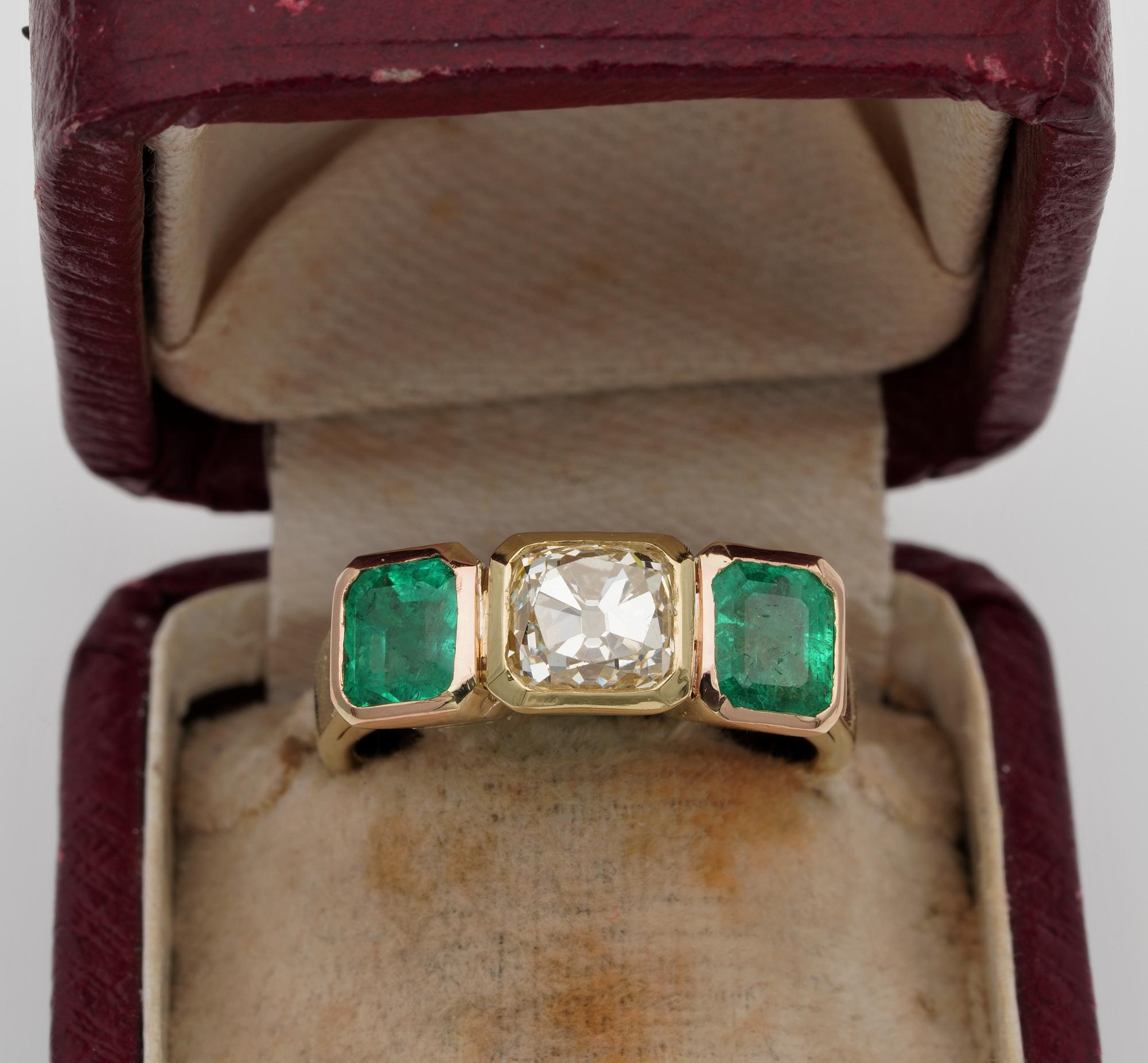 A Rare Trio for Life!

An unique example of three stone antique ring from the Art Deco Period
Sturdy mounting finely hand crafted of solid 18 KT yellow gold to stand to perfection on fingers
It faces up with an exceptional trio of rare gemstones