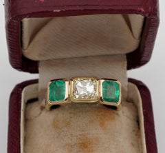 Art Deco 1.60 Ct Fancy Yellow Old Mine Diamond 3.30 Ct Colombian Emerald Trilogy