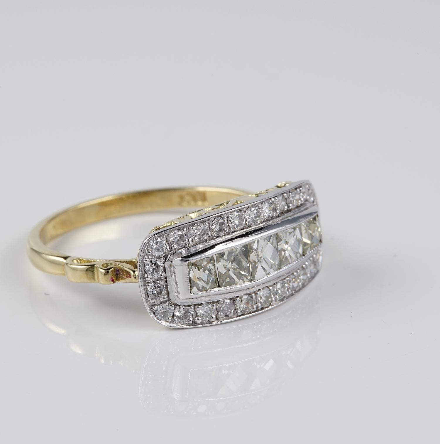 This pretty vintage ring is 1935 ca
Hand crafted of solid Platinum over the top with 18 KT yellow back under gallery and shank
Crown is set with a selection of five  French cut Diamonds totalling 1.20 CT /I VVS ; set in a frame of Swiss cut Diamonds