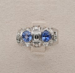 Art Deco 1.60 Carat Natural Sapphire and 1.40 Carat Old Cut Diamond Rare Ring