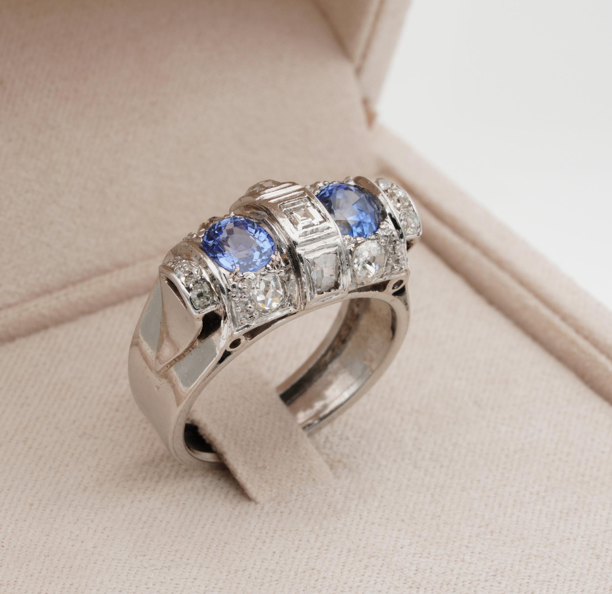 Women's or Men's Art Deco 1.60 Carat Natural Sapphire and 1.40 Carat Old Cut Diamond Rare Ring For Sale