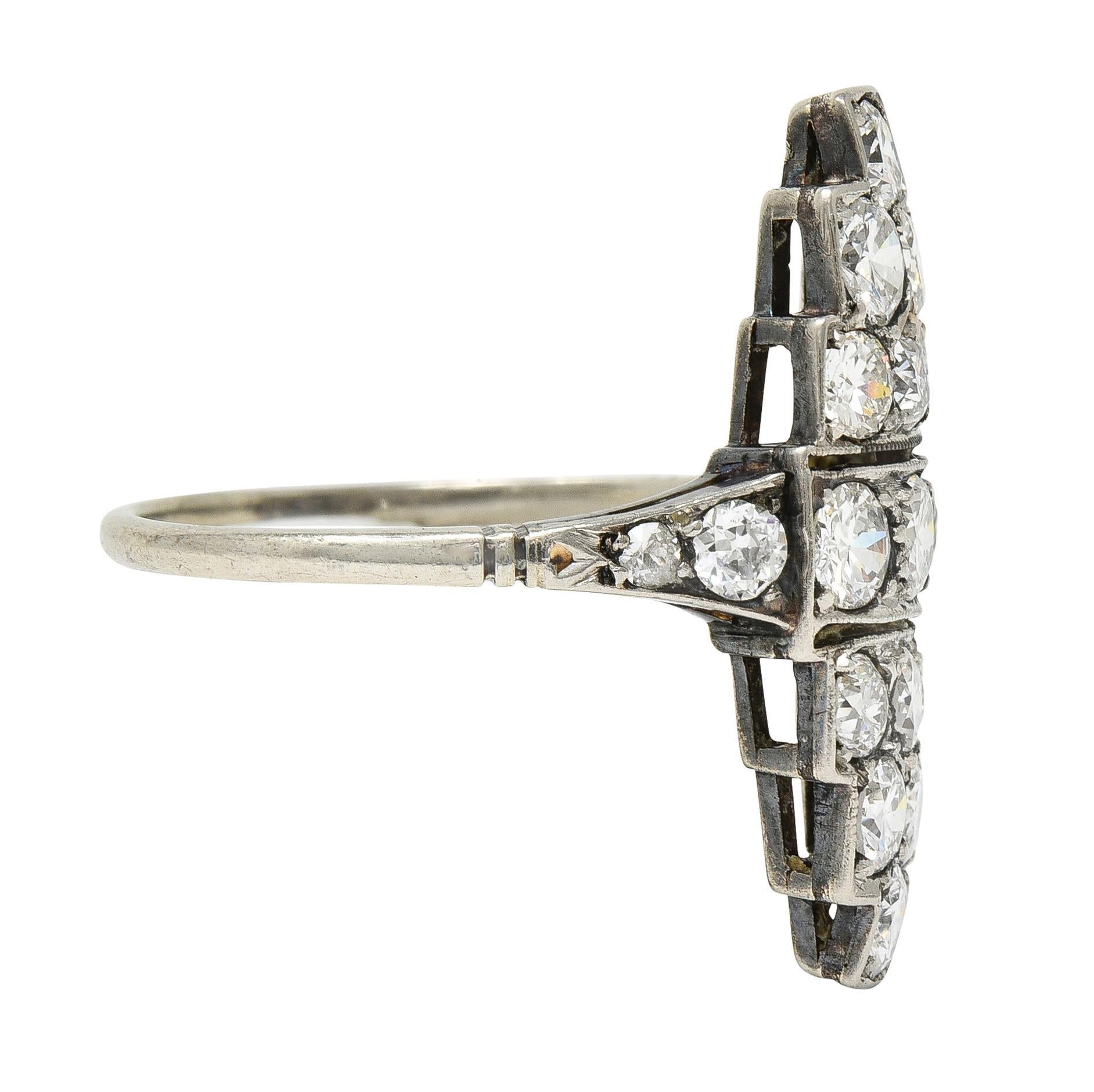 Old European Cut Art Deco 1.60 CTW Diamond Platinum 14 Karat Gold Navette Antique Dinner Ring For Sale