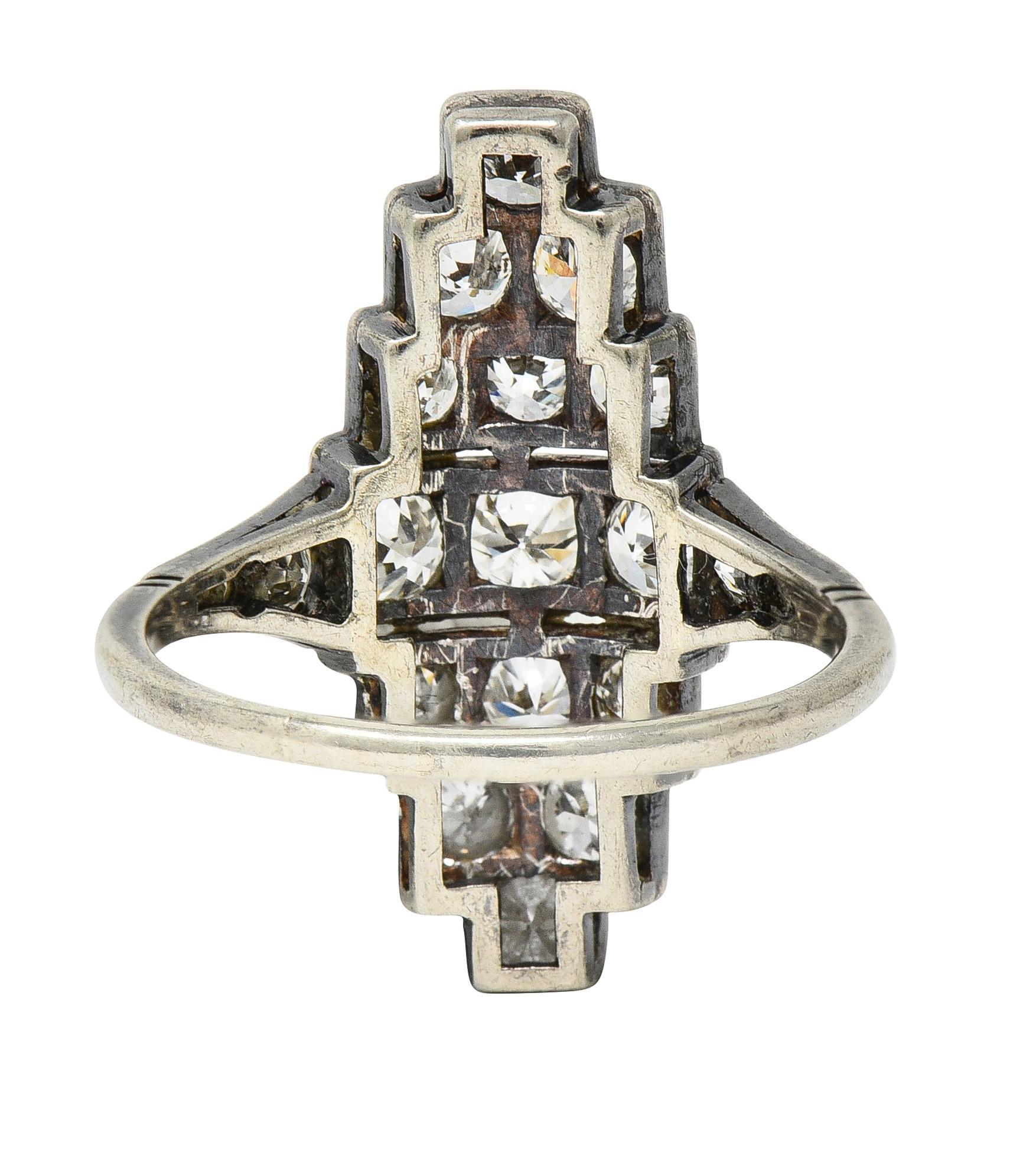 Art Deco 1.60 CTW Diamond Platinum 14 Karat Gold Navette Antique Dinner Ring In Excellent Condition For Sale In Philadelphia, PA