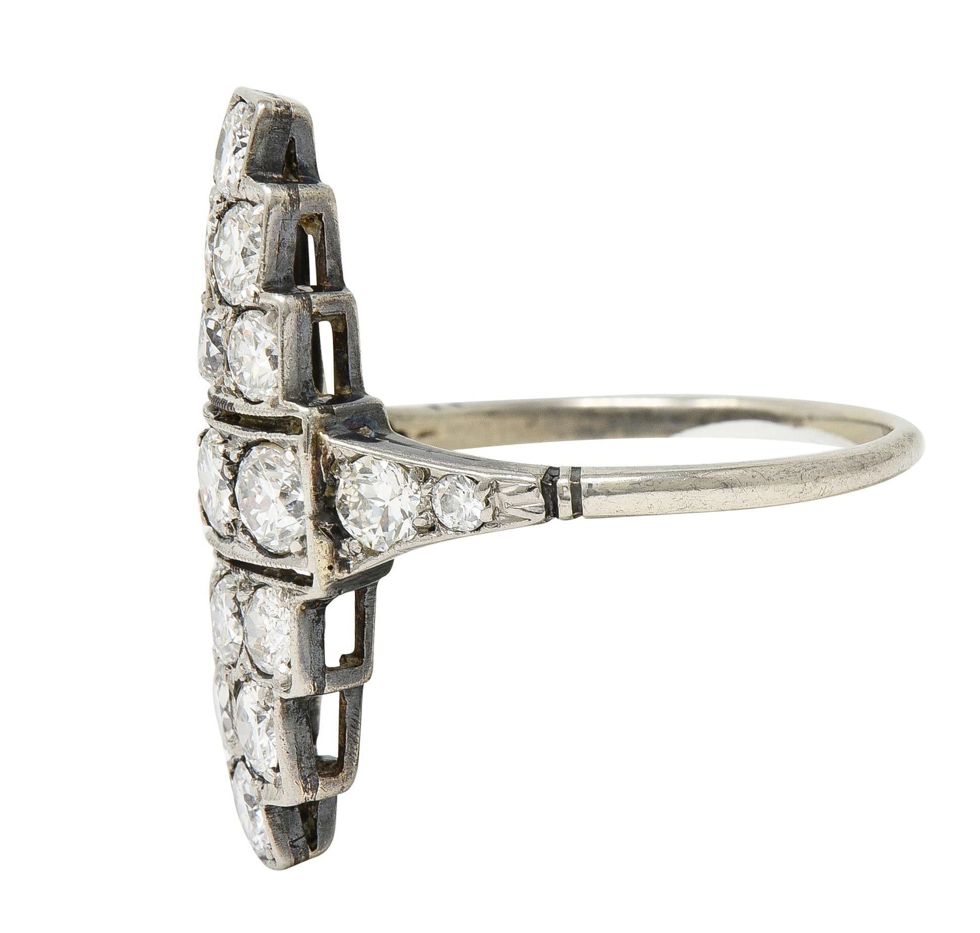 Women's or Men's Art Deco 1.60 CTW Diamond Platinum 14 Karat Gold Navette Antique Dinner Ring For Sale