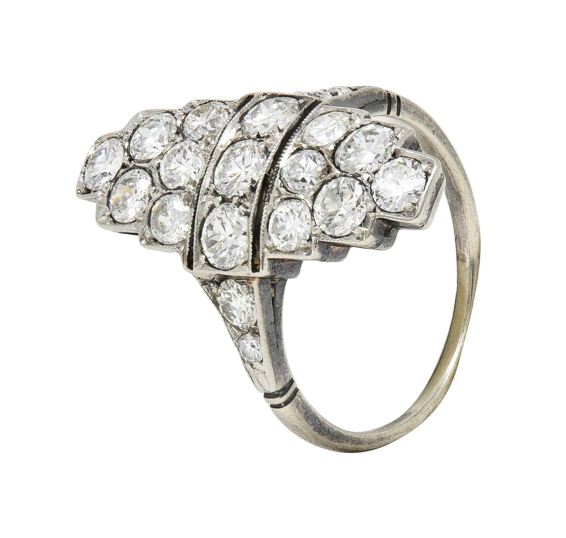 Art Deco 1.60 CTW Diamond Platinum 14 Karat Gold Navette Antique Dinner Ring For Sale 1