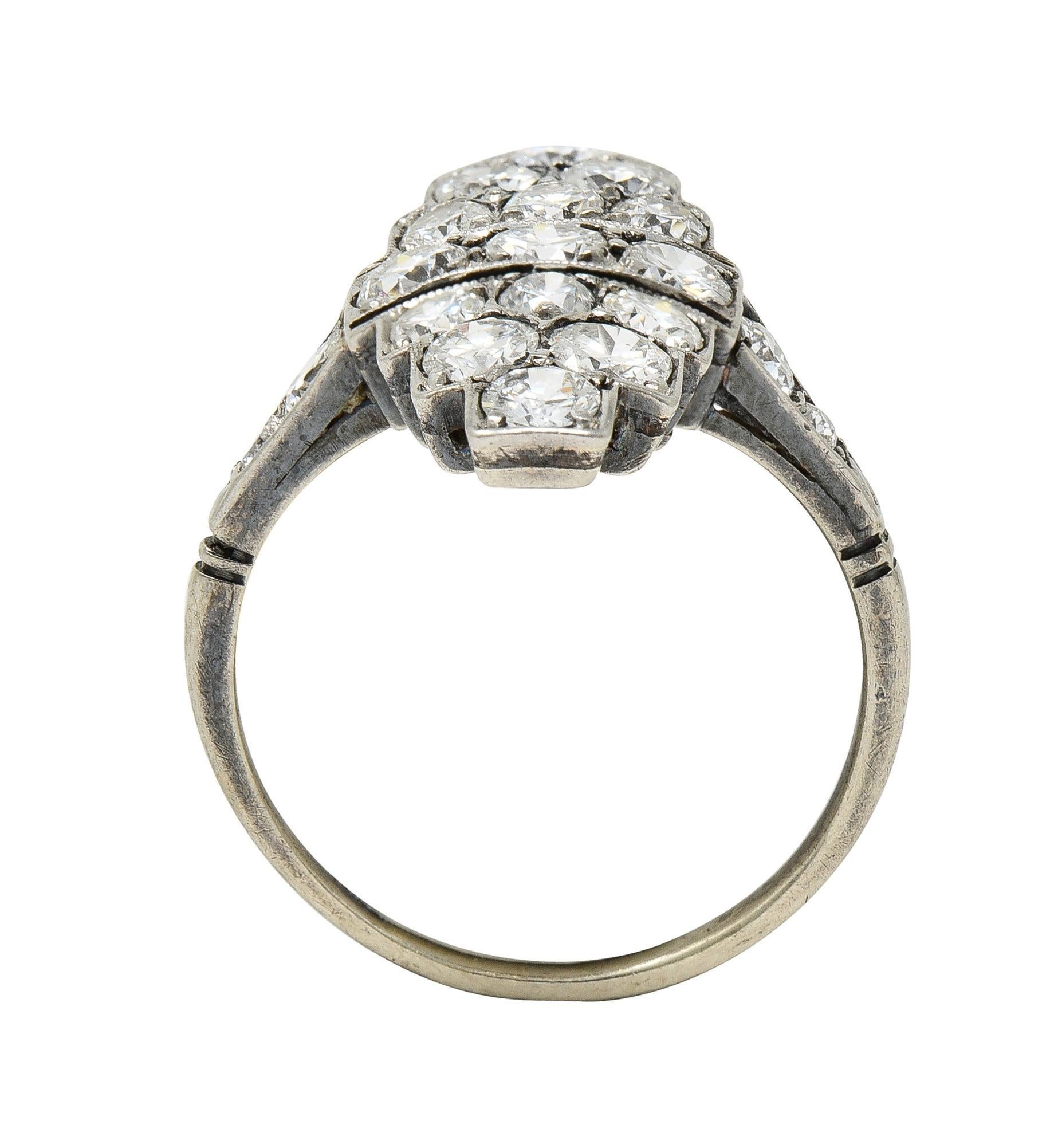 Art Deco 1.60 CTW Diamond Platinum 14 Karat Gold Navette Antique Dinner Ring For Sale 2