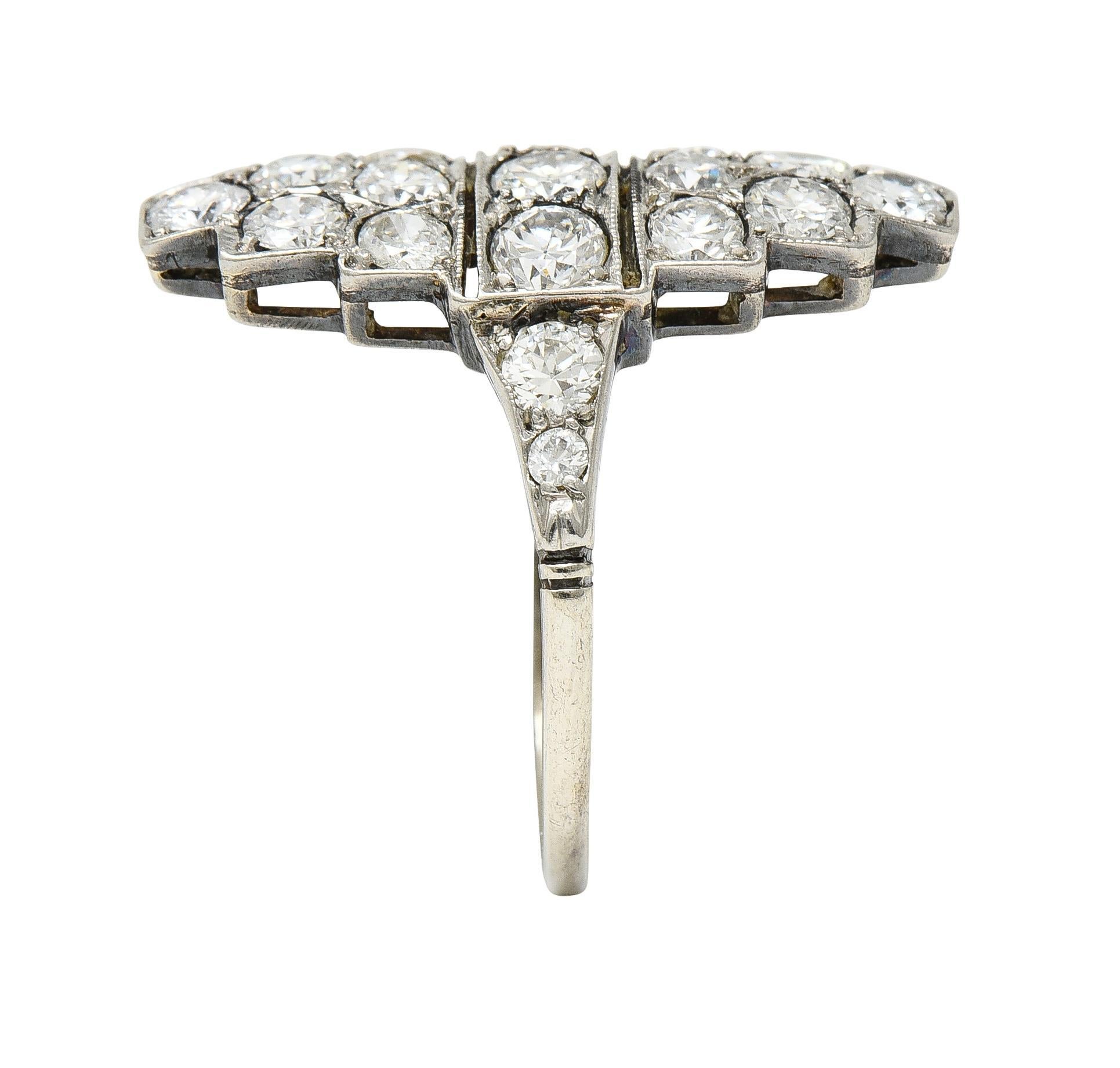 Art Deco 1.60 CTW Diamond Platinum 14 Karat Gold Navette Antique Dinner Ring For Sale 3