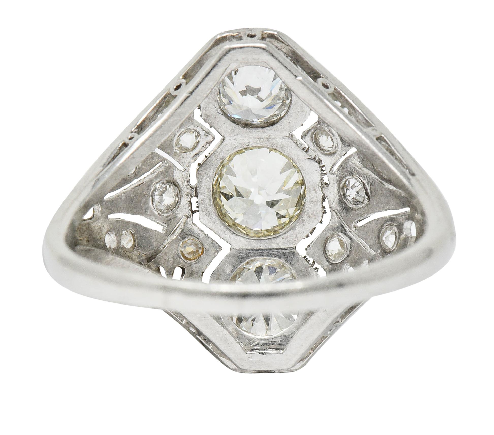 Art Deco 1.60 Carat Diamond Platinum Three-Stone Dinner Ring In Excellent Condition In Philadelphia, PA