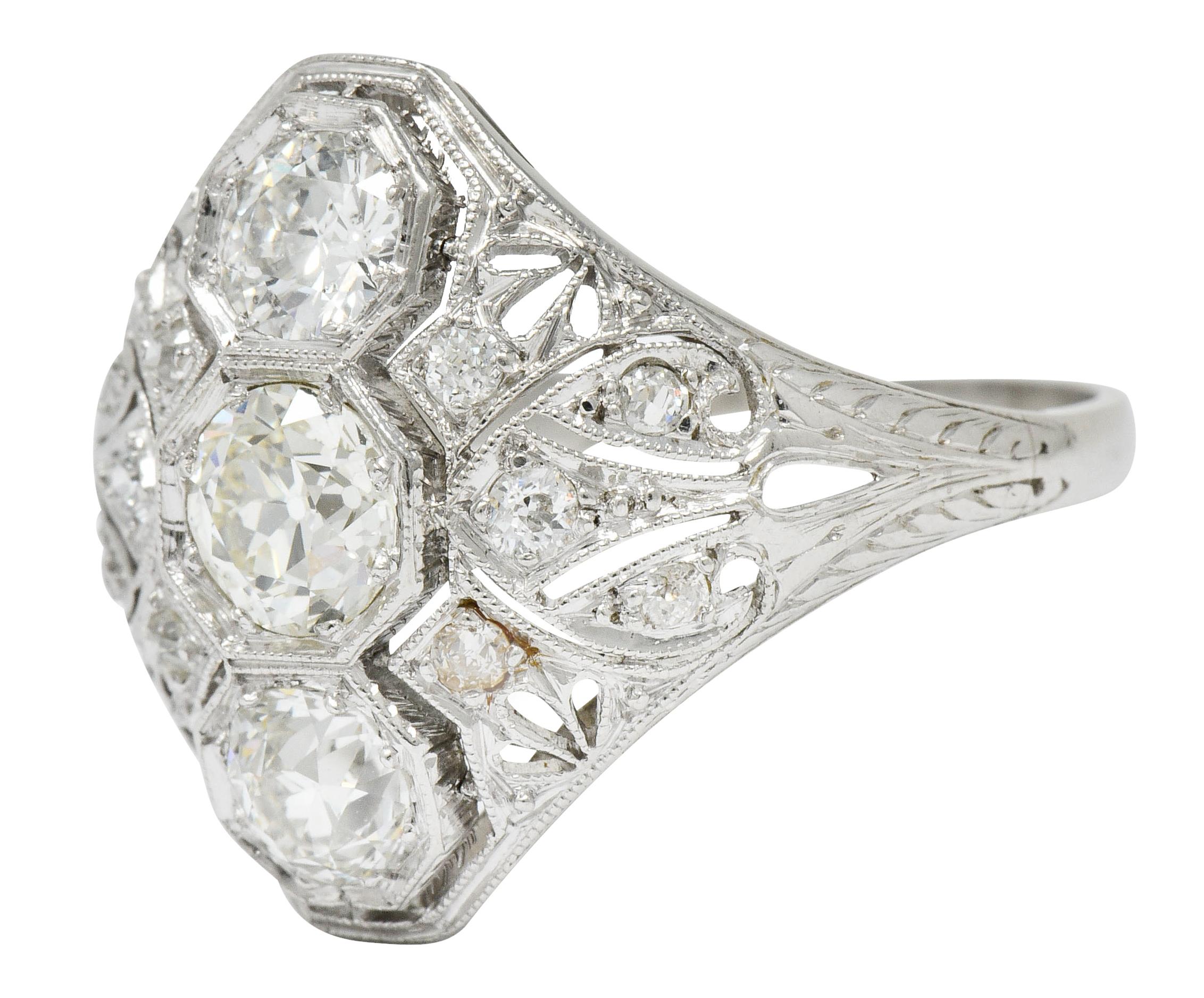 Art Deco 1.60 Carat Diamond Platinum Three-Stone Dinner Ring 1