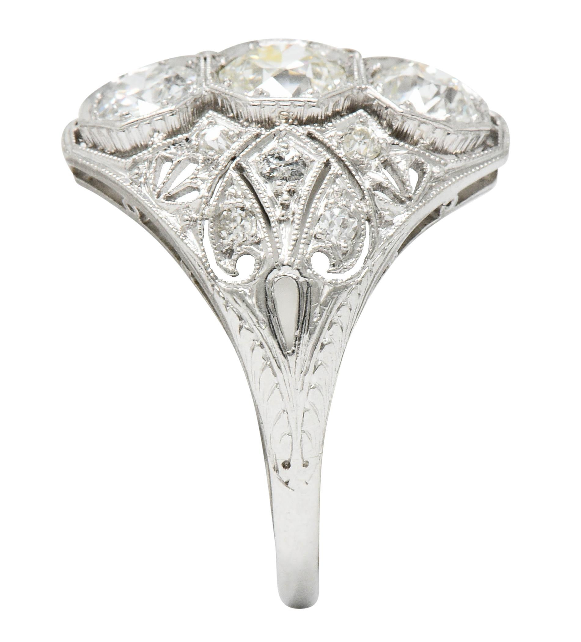 Art Deco 1.60 Carat Diamond Platinum Three-Stone Dinner Ring 3