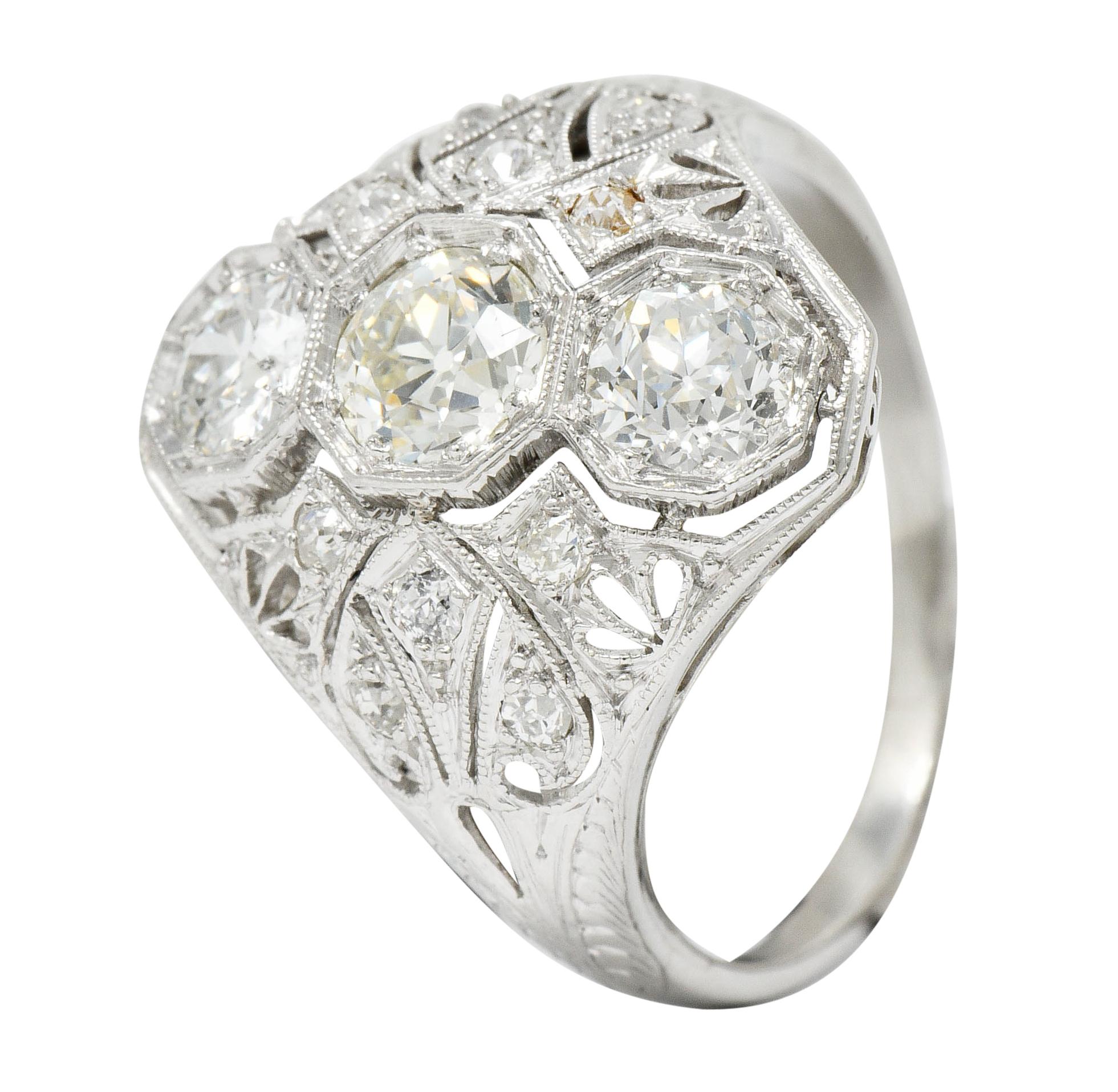 Art Deco 1.60 Carat Diamond Platinum Three-Stone Dinner Ring 4