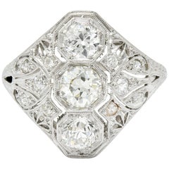 Art Deco 1.60 Carat Diamond Platinum Three-Stone Dinner Ring