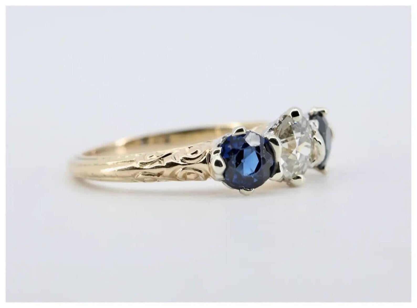 Old European Cut Art Deco 1.60 CTW Three Stone Old Euro Diamond & Sapphire Engagement Ring For Sale