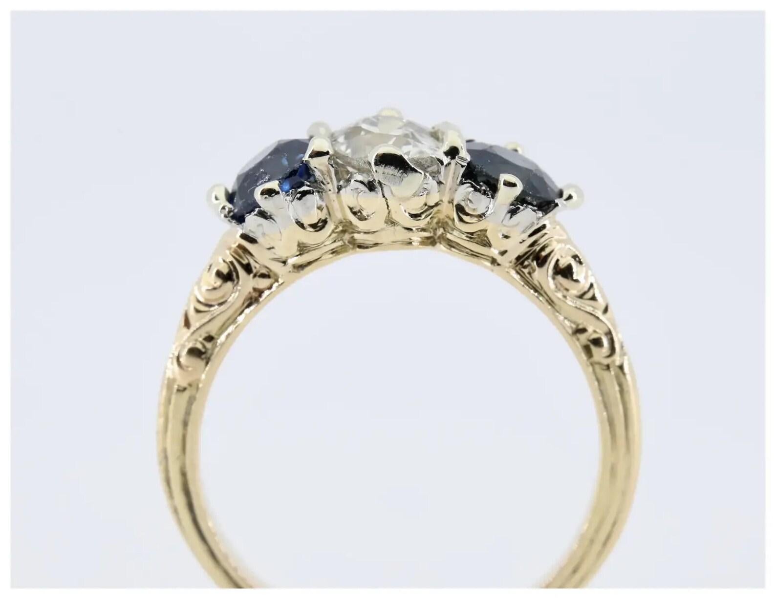 Women's Art Deco 1.60 CTW Three Stone Old Euro Diamond & Sapphire Engagement Ring For Sale