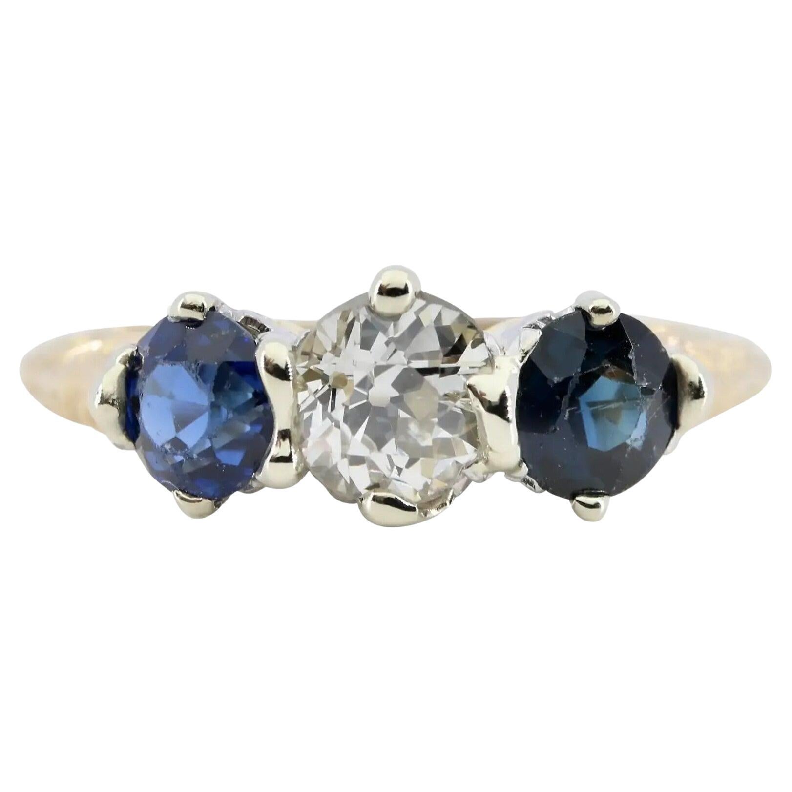 Art Deco 1.60 CTW Three Stone Old Euro Diamond & Sapphire Engagement Ring