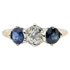 Art Deco 1.60 CTW Three Stone Old Euro Diamond & Sapphire Engagement Ring