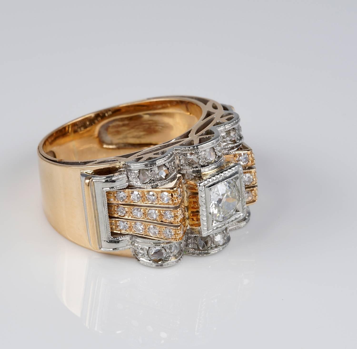 Art Deco 1.60 Diamond Rose Gold Platinum Dress Ring In Good Condition In Napoli, IT