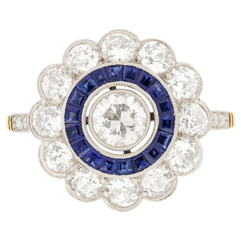 Art Deco 1.60ct Diamond and Sapphire Target Ring, c.1930s For Sale