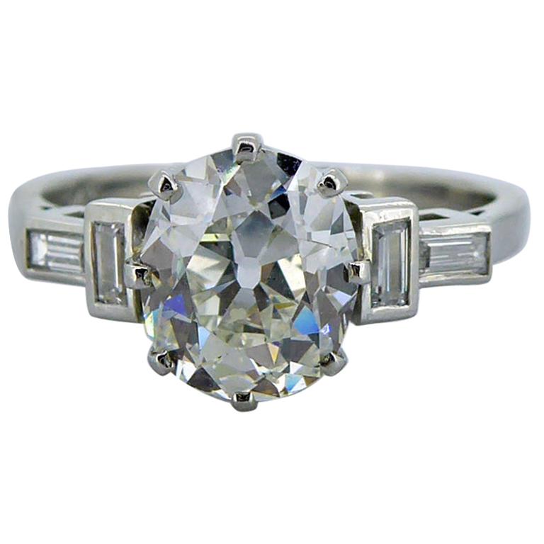 Art Deco 1.61 Carat Old European Cut Diamond Solitaire Ring, Platinum Band