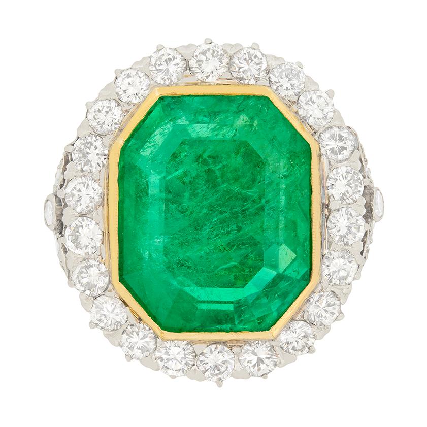 Art Deco 16.10 Carat Colombian Emerald and Transitional Cut Diamond Halo Ring For Sale