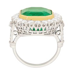Art Deco 16.10 Carat Colombian Emerald and Transitional Cut Diamond Halo Ring