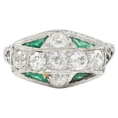 Art Deco 1.62 CTW Old European Cut Diamond Emerald Platinum Scrolling Ring