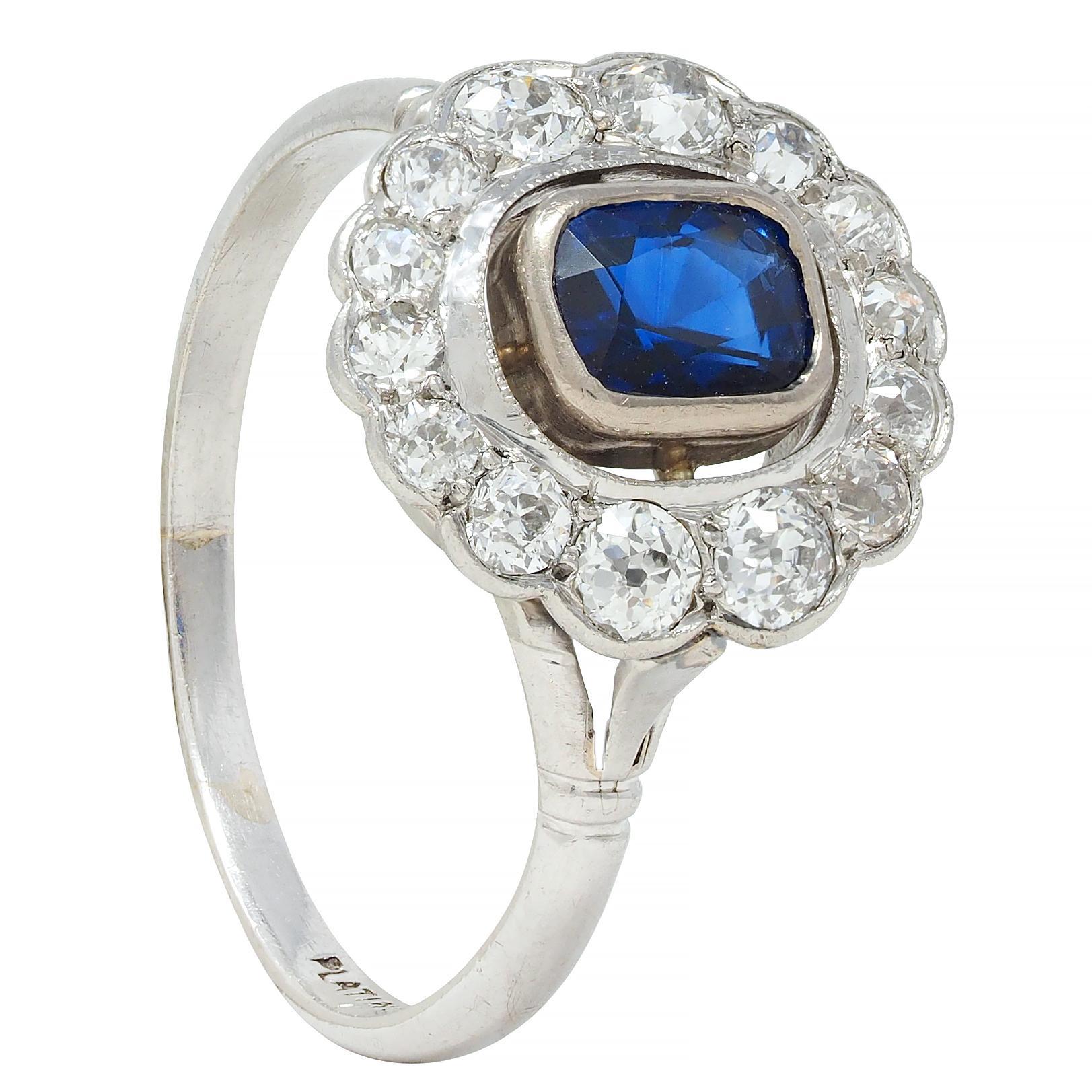 Art Deco 1.62 CTW Sapphire Diamond Platinum Floating Vintage Halo Ring For Sale 6