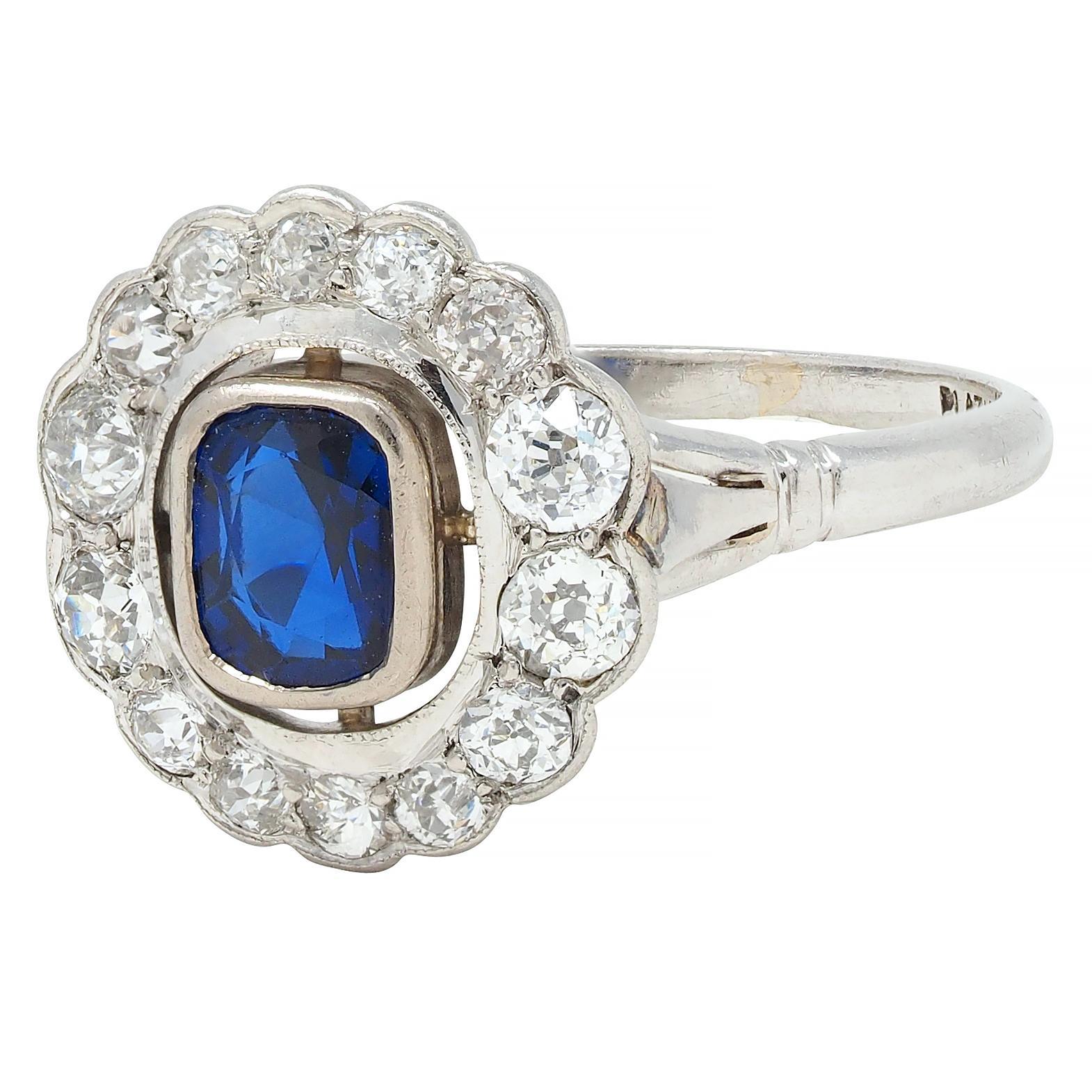 Art Deco 1.62 CTW Sapphire Diamond Platinum Floating Vintage Halo Ring For Sale 1
