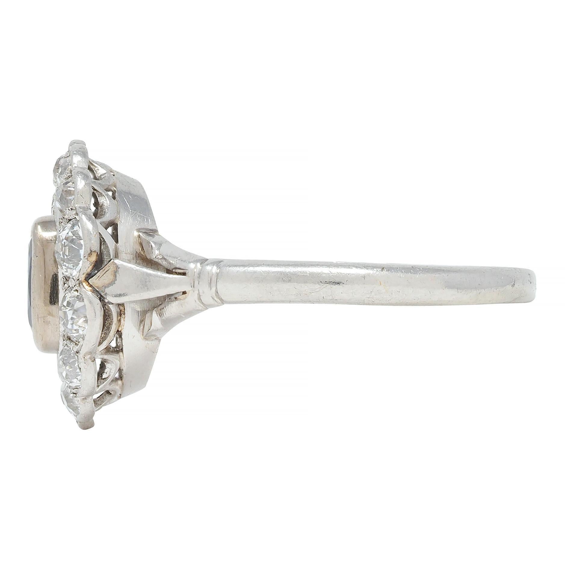 Women's or Men's Art Deco 1.62 CTW Sapphire Diamond Platinum Floating Vintage Halo Ring For Sale