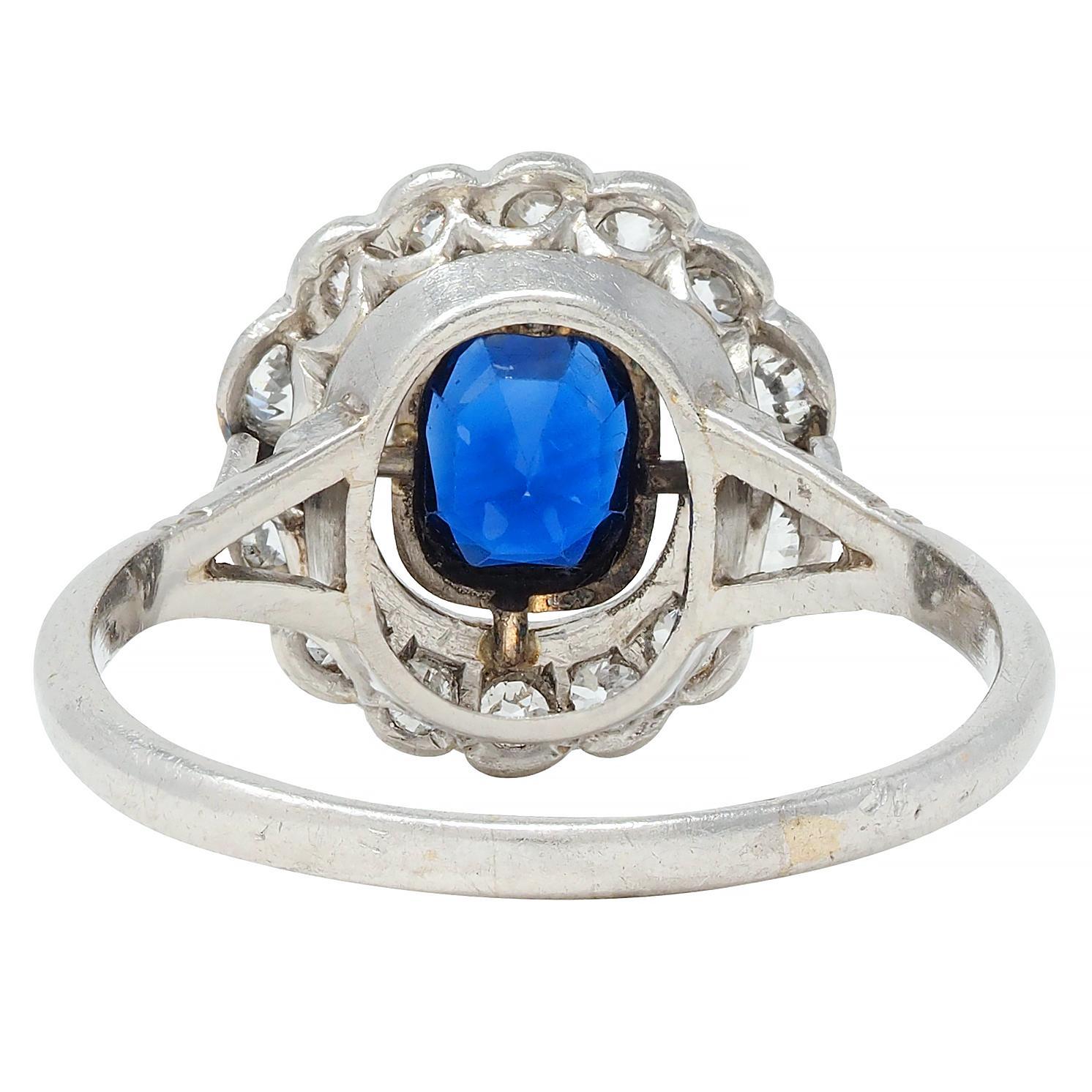 Art Deco 1.62 CTW Sapphire Diamond Platinum Floating Vintage Halo Ring In Excellent Condition For Sale In Philadelphia, PA