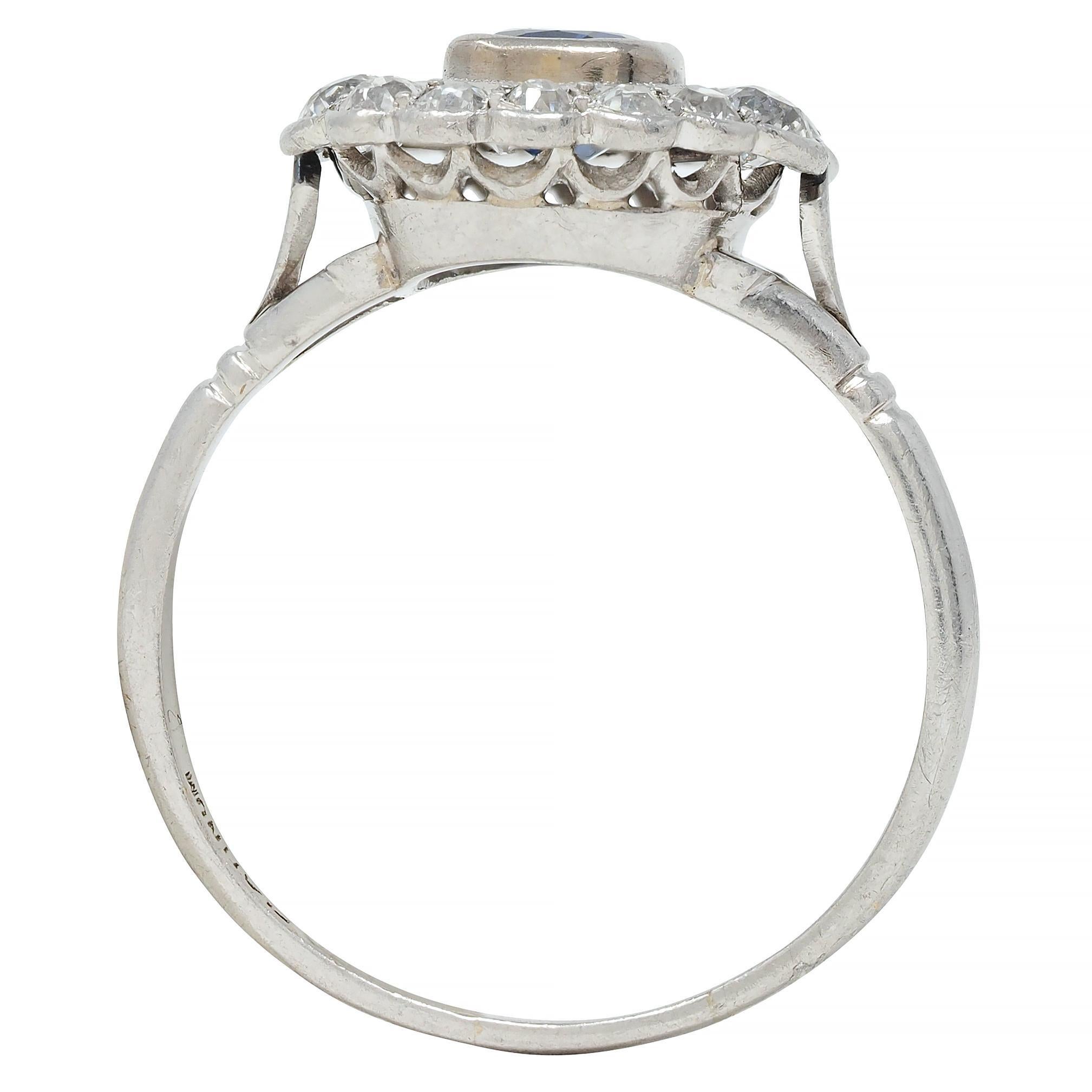 Art Deco 1.62 CTW Sapphire Diamond Platinum Floating Vintage Halo Ring For Sale 4
